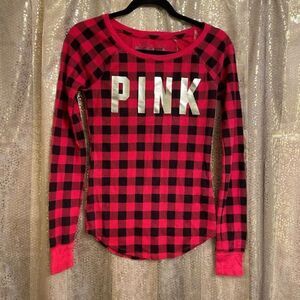 PINK Victorias Secret black red checkered gold logo long sleeve sleep shirt, XS